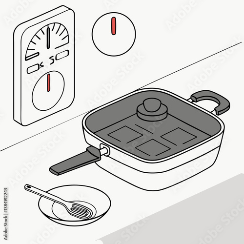 Electric skillet with timer and plate on a kitchen countertop  