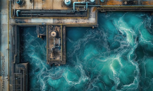 Aerial view of industrial water treatment facility with swirling turquoise water