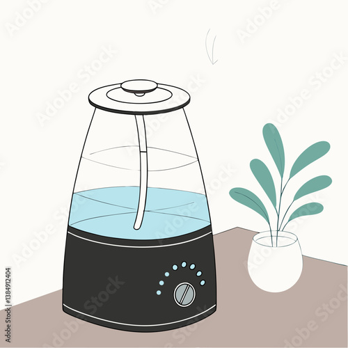 Humidifier emitting steam in a cozy room with a plant  
