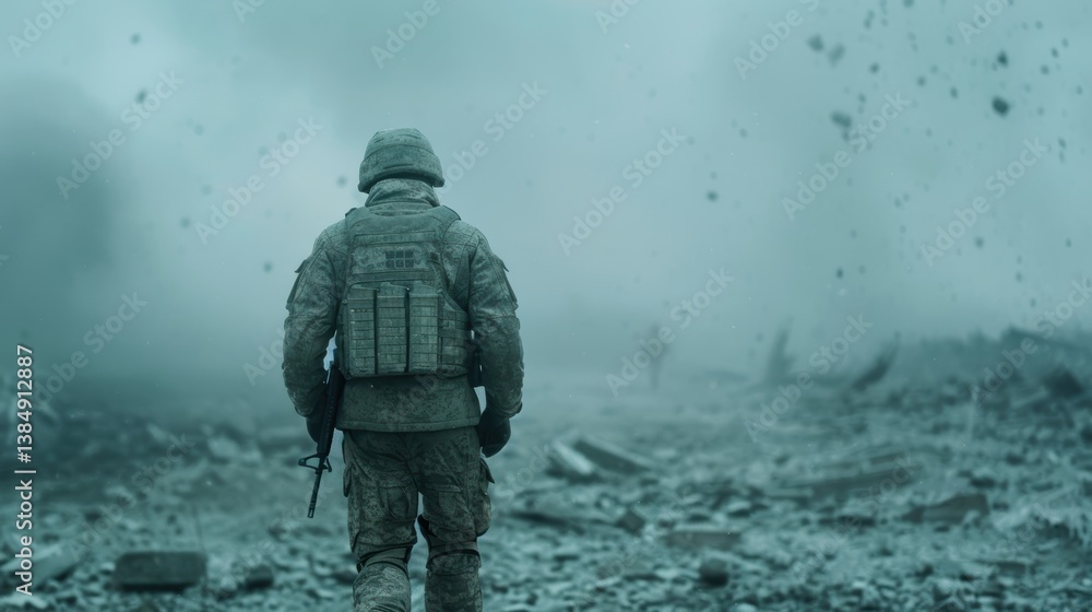 A soldier walks through a desolate landscape, enveloped in dust and debris, symbolizing conflict and resilience in a war-torn environment. A soldier walks through a desolate landscape, enveloped in dust and debris, symbolizing conflict and resilience in a war-torn environment.
