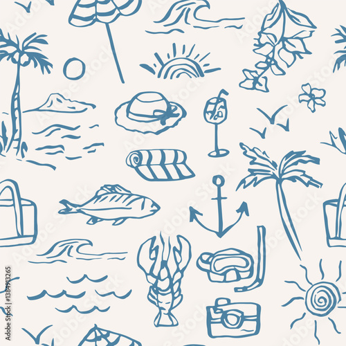 Hand drawn retro coastal summer background