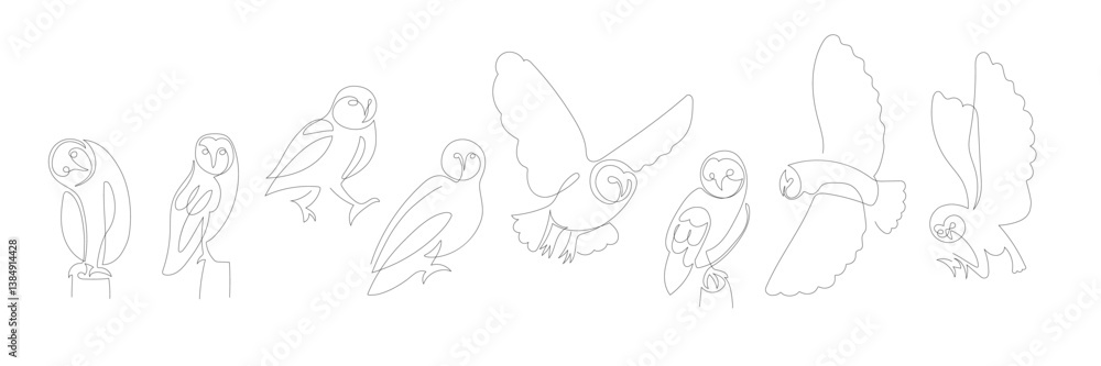 Fototapeta premium Owl line drawing set. One continuous line drawing birds in different poses and angles, Hand Drawn Vector sketch icons. Set of ink drawing birds. Wisdom symbol. Black and White Design elements