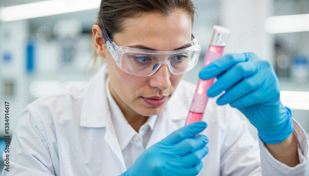 Focused scientist examining colorful test tube in bright lab, innovation Focused scientist examining colorful test tube in bright lab, innovation