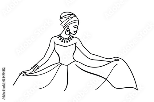 Elegant African Woman in Headwrap, Dress, and Jewelry