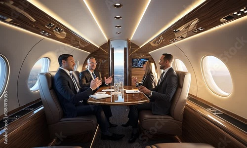 Business meeting in a luxury private jet, discussing strategies with a scenic view outside