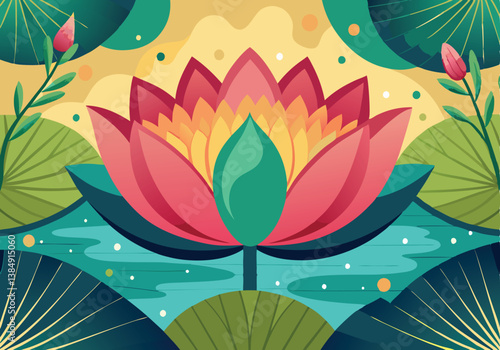 Vibrant Lotus Flower, Aquatic Bloom, Summer Design, Nature Illustration
