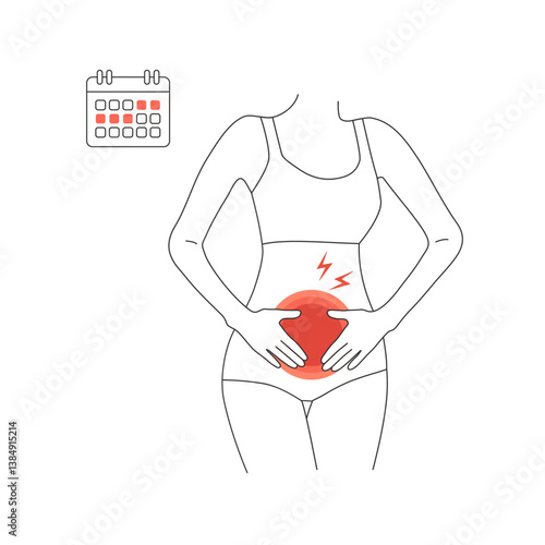 Vector outline woman with abdominal pain as a symptom of menstrual period. Female stomach ache during menstruation. Line illustration of gynecological syndrome in the uterus
