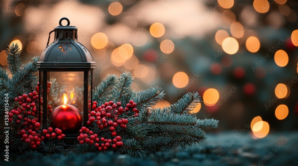 Elegant Christmas Still Life with Lantern, Berries, and Evergreen Twigs Ambiance Elegant Christmas Still Life with Lantern, Berries, and Evergreen Twigs Ambiance