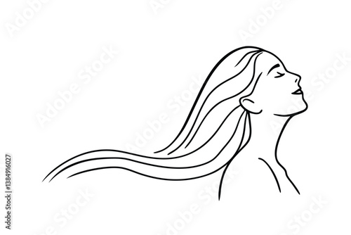 Elegant Woman Long Hair Flowing Wind Minimalist Line Art Drawing