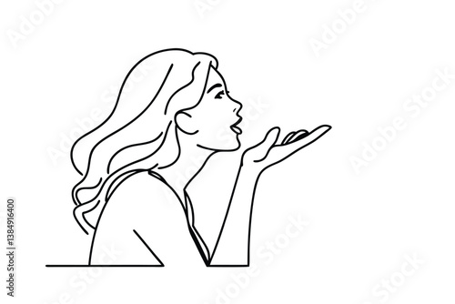 Woman blowing a kiss, line art, profile, romantic gesture, simple drawing, elegant style, wavy hair,