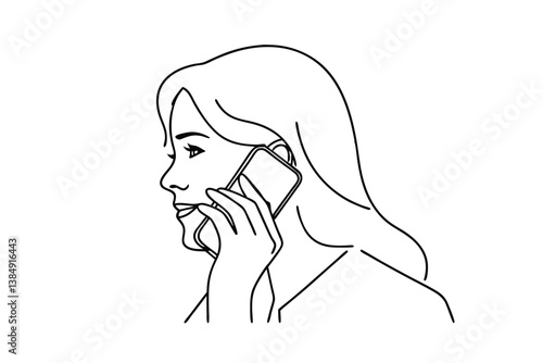 Woman on Phone Call, Line Art, Mobile Communication, Simple Drawing, Profile View, Elegant Style, Co