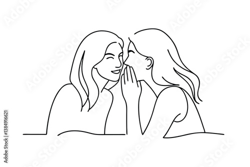 Two Women Whispering Secret, Line Art, Friendship, Gossip, Confidence, Trust, Close, Intimate, Comma