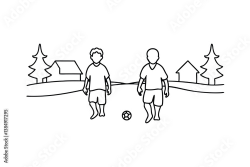 Two Boys Playing Soccer in a Suburban Neighborhood Setting