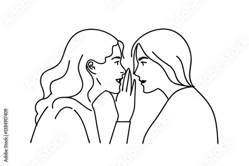 Two Women Whispering Secret, Close Friends, Line Art, Intimate, Confidence, Trust, Sharing, Connectix
