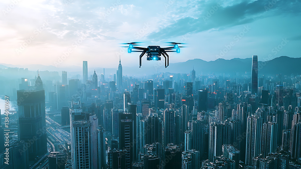 An AI enhanced police patrol drone scanning a city for security threats, urban skyline with digital crime analytics, Futuristic law enforcement style An AI enhanced police patrol drone scanning a city for security threats, urban skyline with digital crime analytics, Futuristic law enforcement style