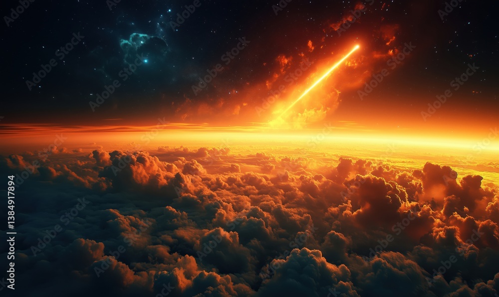 Stunning cosmic scene with fiery meteor streaking across vibrant sunset sky Stunning cosmic scene with fiery meteor streaking across vibrant sunset sky