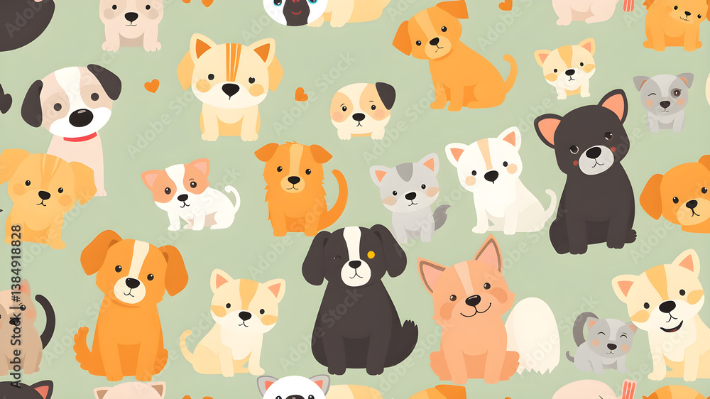 Obraz premium Pets cats and dogs seamless pattern. Cartoon Dogs and Cats. Vector Seamless Pattern. Colorful background for kids Generative AI