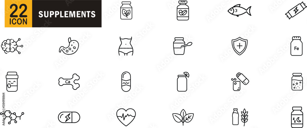 Supplements editable outline icon set. Vitamins, minerals, probiotics, wellness, energy, immunity, digestion and more Supplements editable outline icon set. Vitamins, minerals, probiotics, wellness, energy, immunity, digestion and more