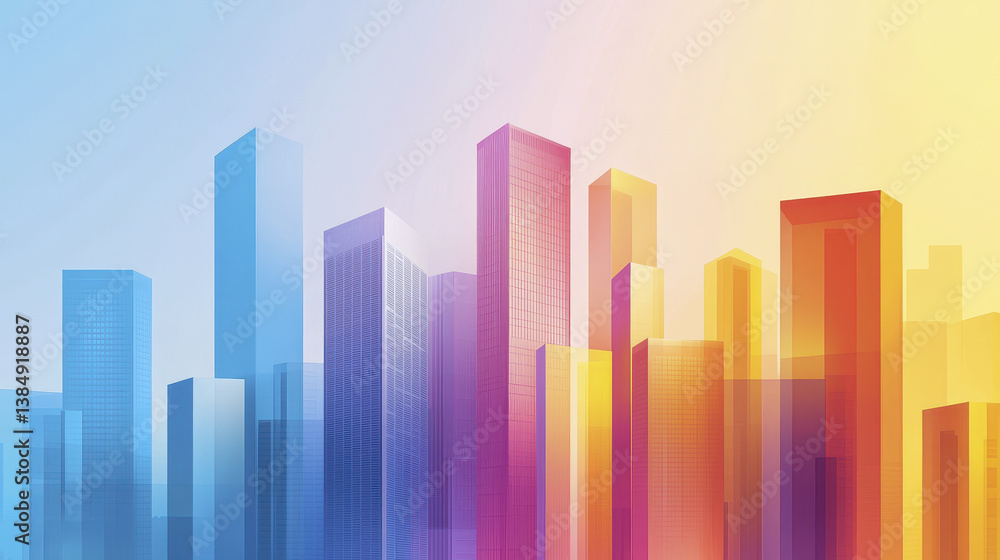 vibrant city skyline with colorful skyscrapers in shades of blue, pink, orange, and yellow, creating modern and energetic atmosphere vibrant city skyline with colorful skyscrapers in shades of blue, pink, orange, and yellow, creating modern and energetic atmosphere