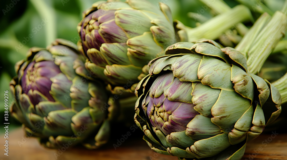 Obraz premium Artichokes are vibrant green and purple vegetables, showcasing their unique texture and shape. These fresh produce items are perfect for culinary dishes, adding flavor and nutrition
