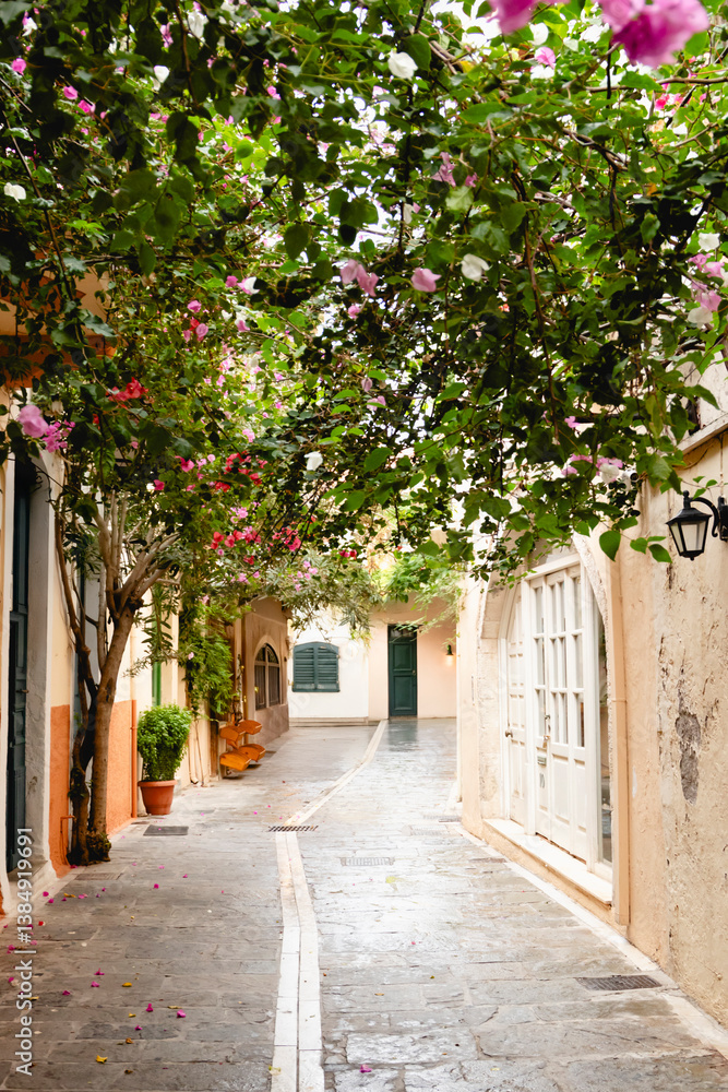 A beautifully picturesque alleyway adorned with vibrant, lush bougainvillea situated in a serene village setting. Rethymno town, Crete island, Greece.