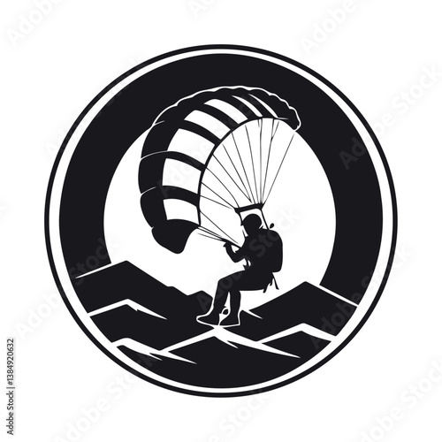 A black and white vector silhouette of a paraglider soaring through the air with an open canopy and suspended harness on a white background