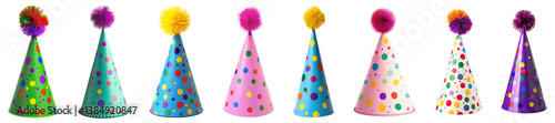Set of colorful polka dot party hats with fluffy pom-poms, isolated on transparent background