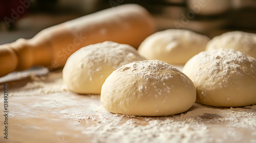 Freshly prepared dough balls sit on floured wooden surface, ready for baking. rolling pin rests nearby, adding to cozy kitchen atmosphere