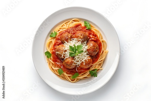 Spaghetti with meatballs, parmesan and tomato sauce on a plate.Spaghetti pasta with meatballs 