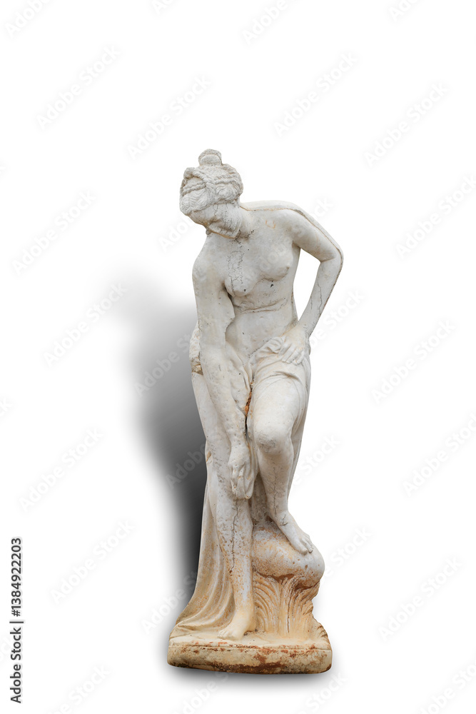 Fototapeta premium A broken dirty white statue of a woman isolated on white background. This has clipping path.
