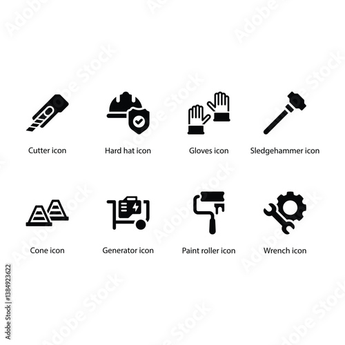 Cutter, Hard hat, Gloves, Sledgehammer, Cone, Generator, Paint roller, Wrench, Black Icon Set