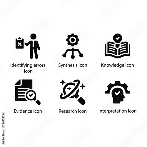 Identifying errors, Synthesis, Knowledge, Evidence, Research, Interpretation, Black Icon Set