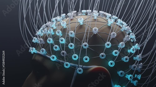 Man with electrodes measuring brain signals. Neuroscience concept.