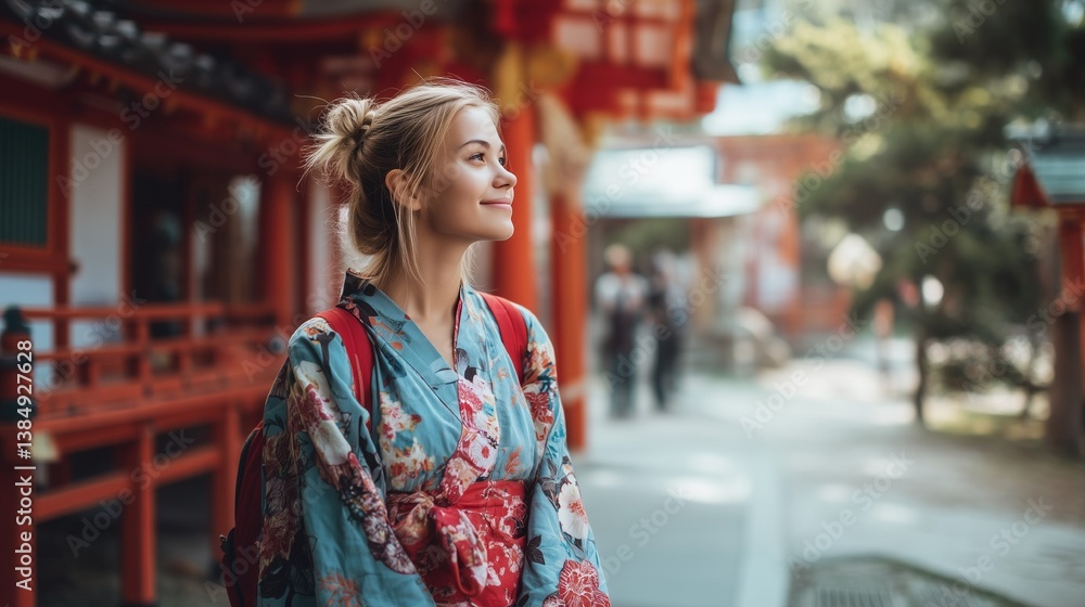 Fototapeta premium 着物姿の外国人女性が日本の神社で静かに佇むシーン 和文化体験 観光素材として使える高画質リアル写真 和風の背景と和装が織りなす美しい一枚