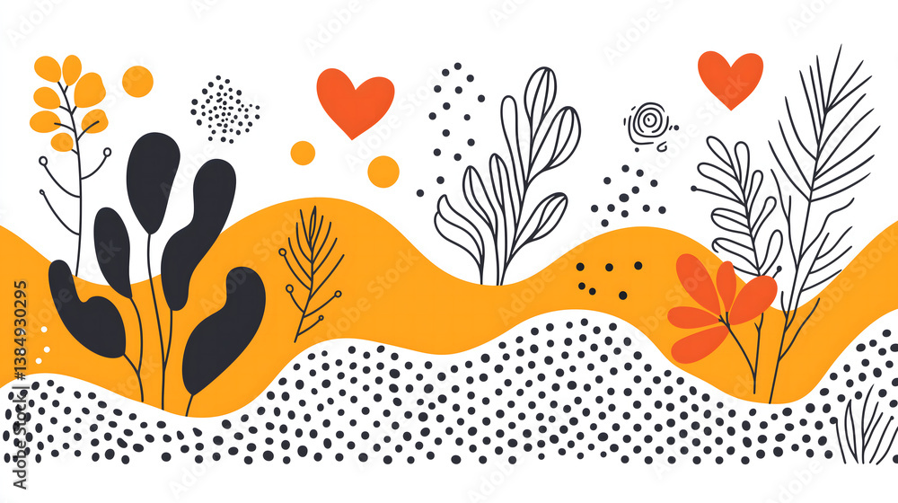 Naklejka premium Modern Abstract Floral Pattern with Orange and Black Elements