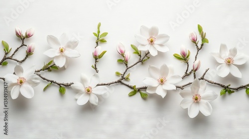 A chic digital creation showcasing elegant magnolia blooms gently emerging from a clear, minimalist backdrop