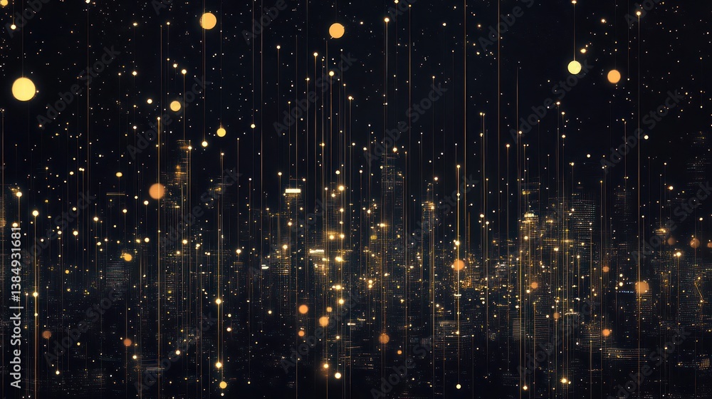 Naklejka premium Abstract city lights, golden rain, futuristic urban scene, background image