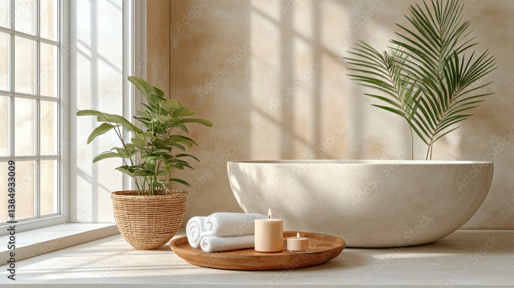 Tranquil, sunlit bathroom with natural elements. A serene spa-like space featuring a freestanding tub, plants, and soft lighting Tranquil, sunlit bathroom with natural elements. A serene spa-like space featuring a freestanding tub, plants, and soft lighting