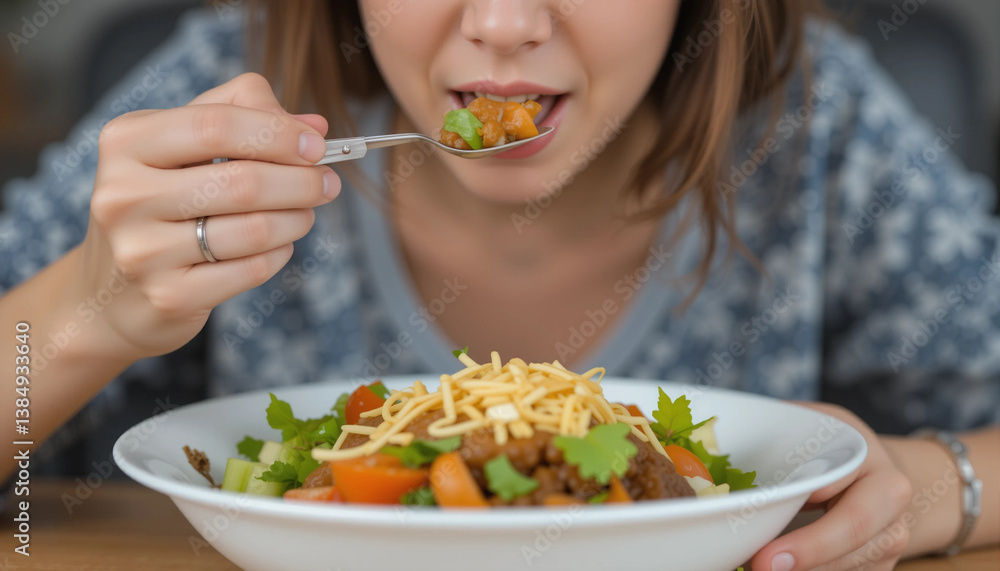 Gastronomic Moment: A person savoring a culinary delight, a close-up view of a person enjoying a healthy and flavorful meal. Gastronomic Moment: A person savoring a culinary delight, a close-up view of a person enjoying a healthy and flavorful meal.