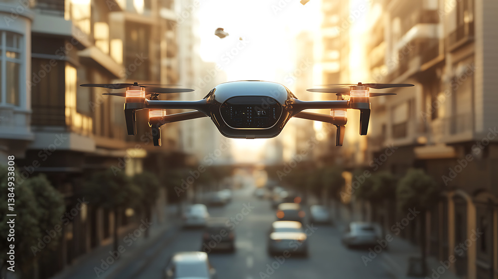 Obraz premium An AI powered autonomous delivery drone navigating through city streets to deliver packages in urban areas, Drone technology style, photo of