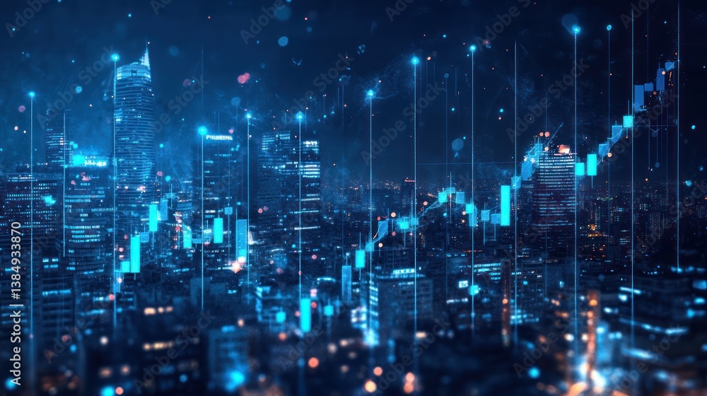 Obraz premium Night city skyline with financial data overlay. Stock photo showing a night cityscape with candlestick charts