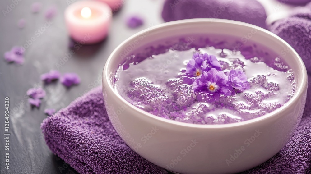 A bowl of rustic lavender flowers with soothing water on a wooden table A bowl of rustic lavender flowers with soothing water on a wooden table