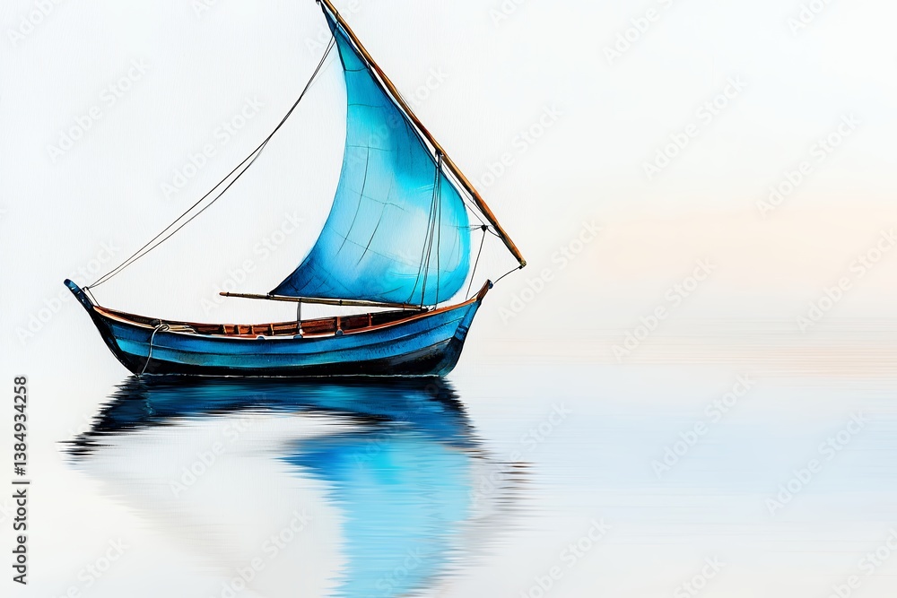 Fototapeta premium Sailing Boat with Blue Transparent Sail Gliding on Calm Waters at Dawn