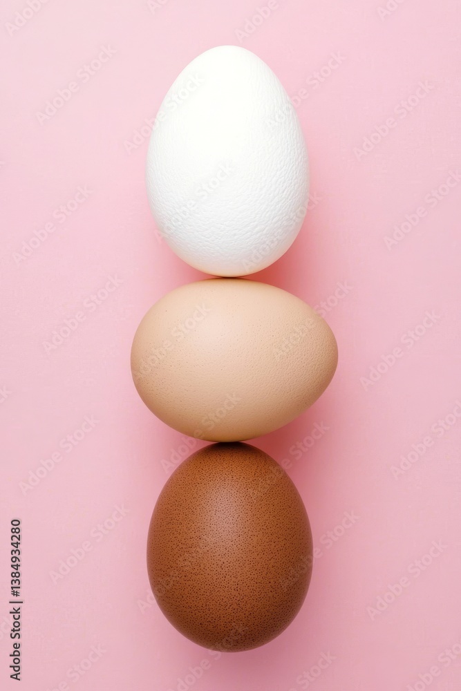 Fototapeta premium Three stacked eggs on pink background: diverse colors and textures