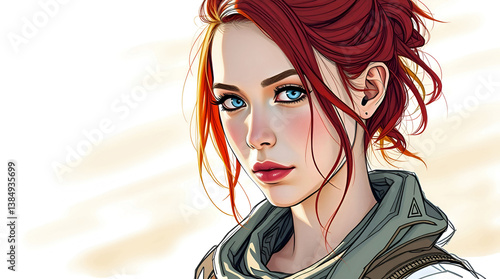 Beautiful Red Haired Woman With Bright Blue Eyes Wearing Tactical Gear In Detailed Comic Art Style On Soft White Background With Warm Light