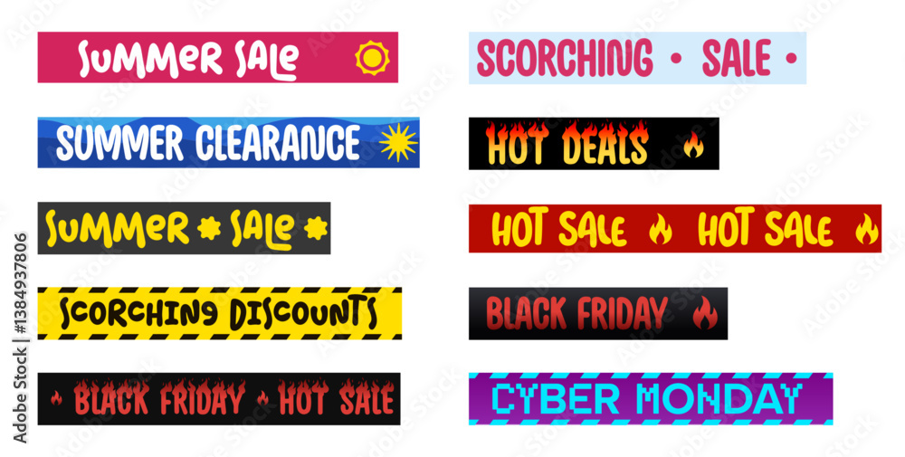 Obraz premium Colorful Vector Label Tape Set for Seasonal Sales and Promotions. Includes Summer Sale, Black Friday, Hot Deals, Cyber Monday, and Clearance Ribbons for Packaging, Banners, Ads. Vector illustration