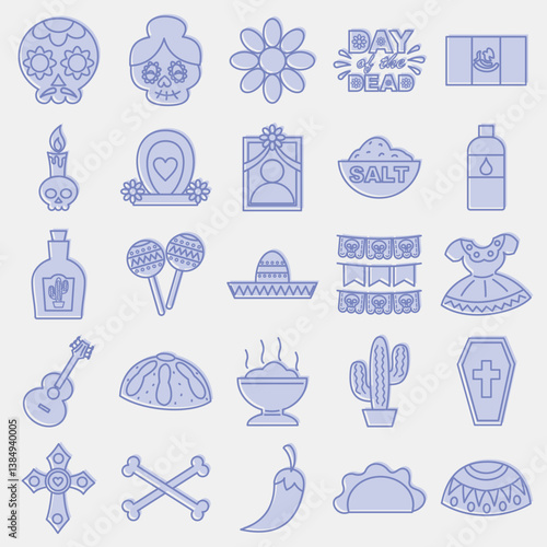 Icon set day of the dead. Day of the dead celebration elements. Icons in two tone style. Good for prints, posters, logo, party decoration, greeting card, etc