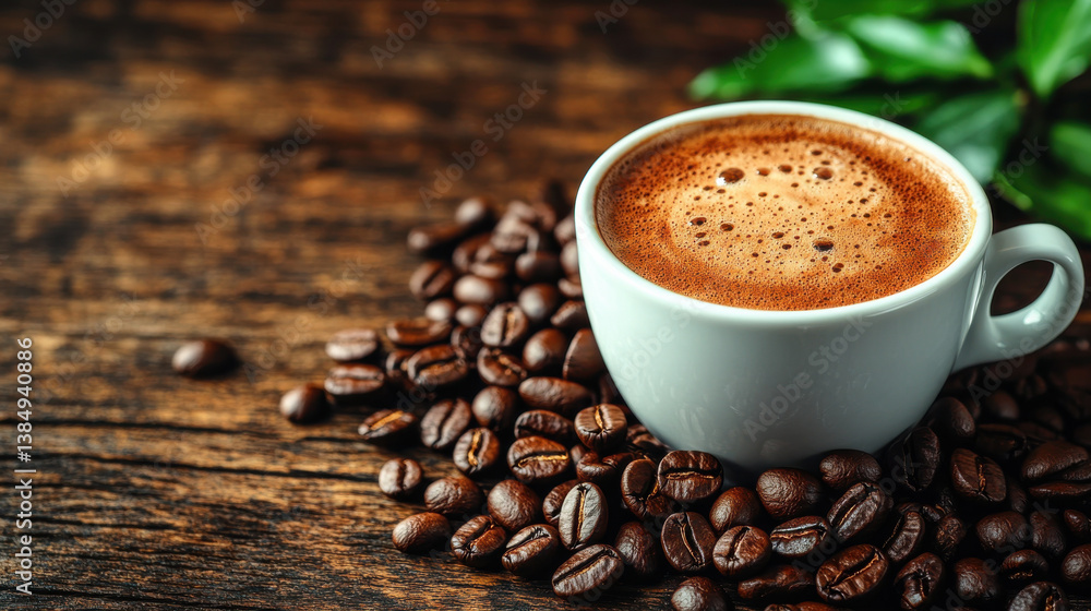 Freshly brewed coffee in white cup surrounded by roasted coffee beans on rustic wooden table evokes warmth and comfort Freshly brewed coffee in white cup surrounded by roasted coffee beans on rustic wooden table evokes warmth and comfort