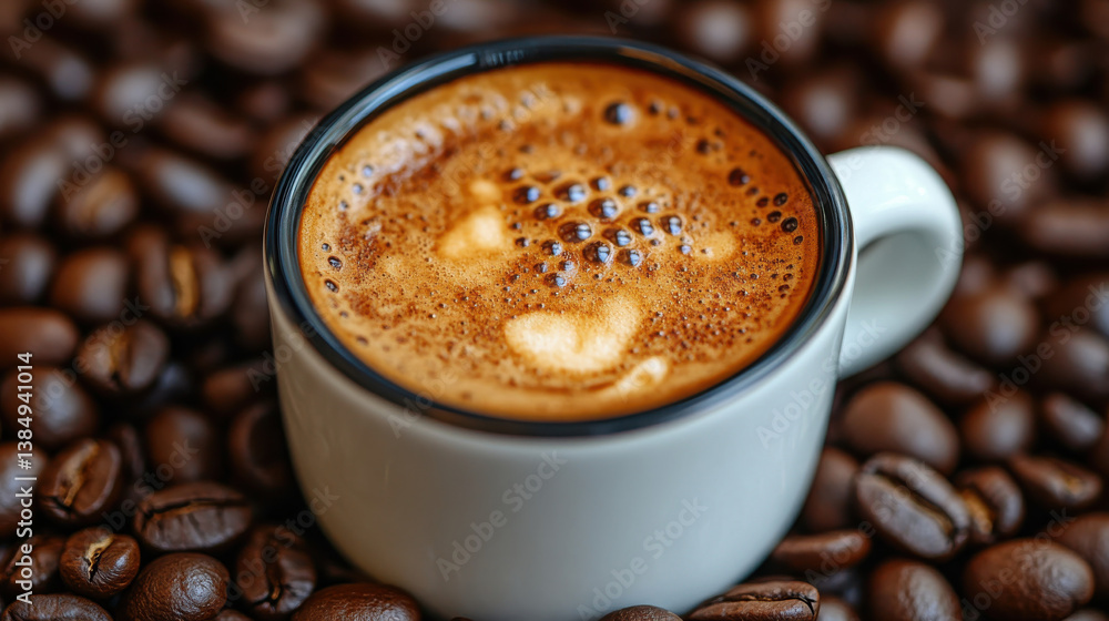 Freshly brewed coffee in white cup surrounded by coffee beans creates warm and inviting atmosphere Freshly brewed coffee in white cup surrounded by coffee beans creates warm and inviting atmosphere