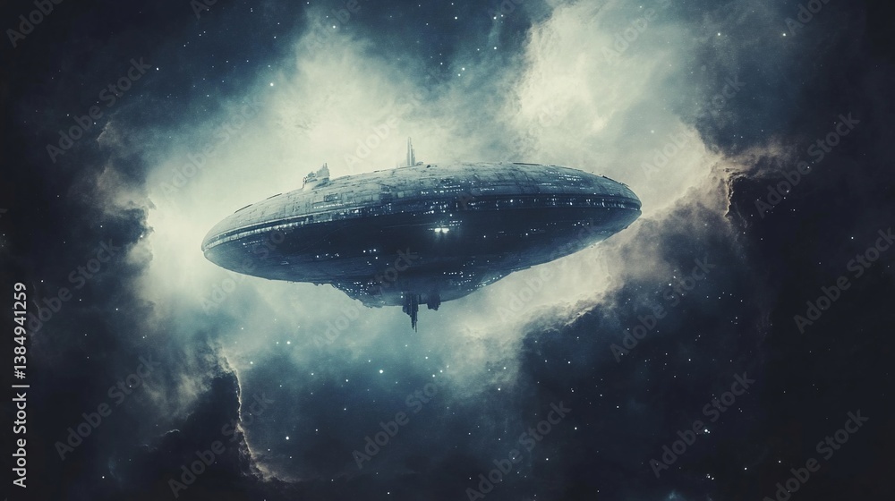 Fototapeta premium Majestic Spaceship Navigating Through a Mystical Nebula in Deep Space
